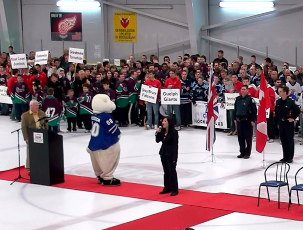 hockey team presentation on ice with mascot